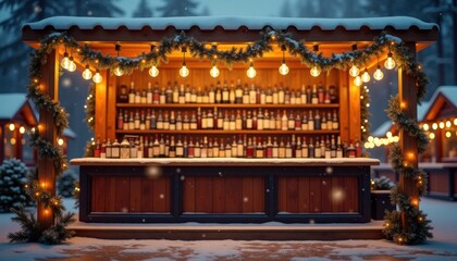 Festive wooden bar decorated with lights and bottles in winter setting  