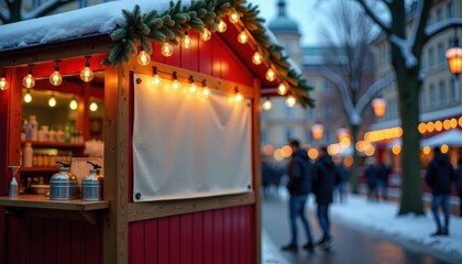 Cozy holiday market stall with lights in winter evening setting  