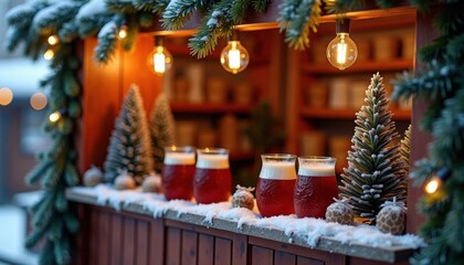 Festive holiday drinks displayed in wooden booth with snow and lights  