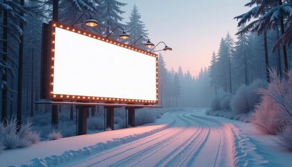 Winter landscape with empty billboard along snowy road at sunrise  