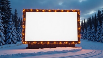 Winter landscape with illuminated blank billboard in snowy forest  