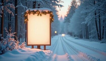 Winter landscape with blank signboard illuminated in snowy forest  