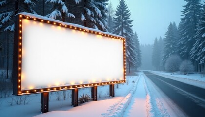 Winter road with illuminated blank billboard surrounded by snow-covered trees  