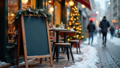 Cozy outdoor caf&eacute; with a chalkboard menu and Christmas decorations  