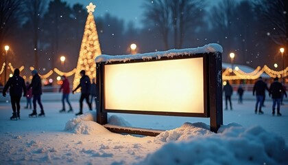 People ice skating in winter at Christmas market with decorations  