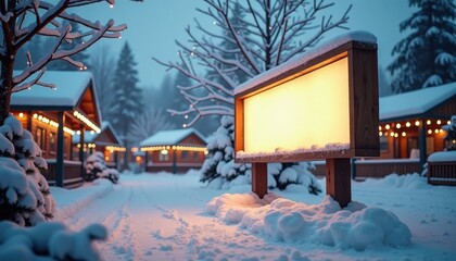 Winter village scene with cozy cabins illuminated by snowfall  