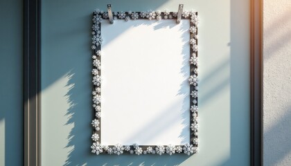 Decorative wooden frame with blank paper on wall in sunlight  