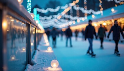 People ice skating on a winter evening at a lit outdoor rink  
