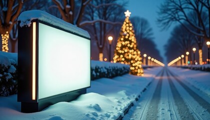 Illuminated signpost beside snowy street with Christmas tree at night  