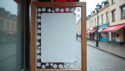 Empty wooden menu board decorated with snowflakes in urban setting  