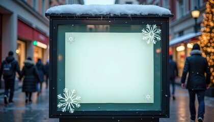 Empty advertising board decorated with snowflakes in winter street  