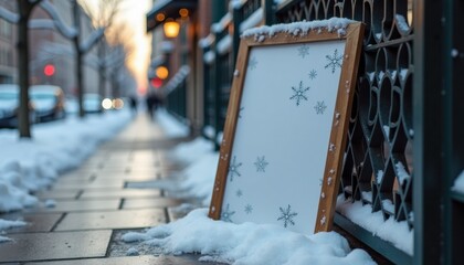 Wooden frame with snowflakes on snowy sidewalk during winter  