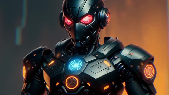 Futuristic cyborg assassin in advanced black armor with glowing red eyes and high-tech robotic soldier concept art in stunning 4k resolution
