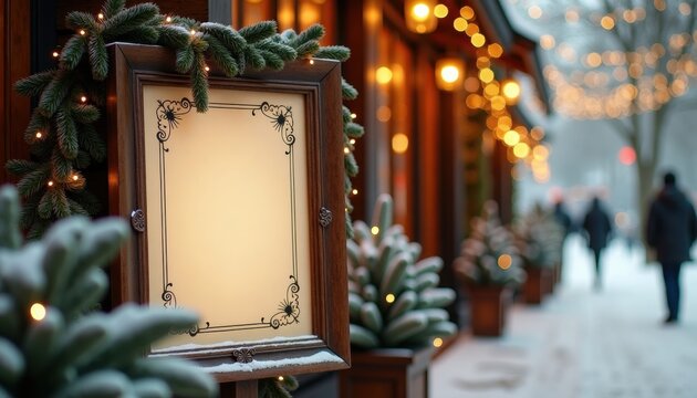 Winter street decorated with lights and foliage in festive atmosphere  