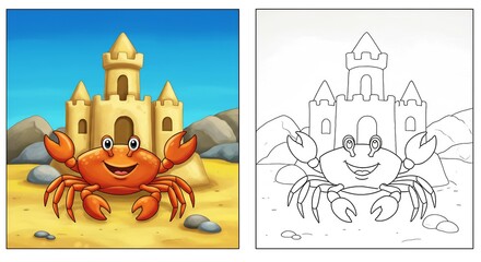 Cartoon crab on sandy beach with sandcastle and rocks under a blue sky