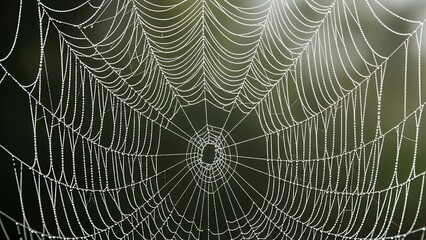 Fototapeta premium Intricate spiderweb glistening with morning dew in a natural setting.