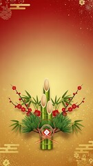 門松と松竹梅をあしらった金赤の和紙テクスチャのスマホ用正月背景