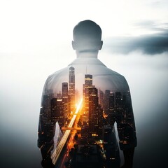 Obraz na płótnie Canvas Double exposure of a businessman facing forward with a glowing city skyline superimposed on his back