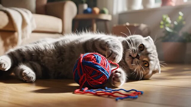 Playful Scottish Fold Cat Engaged with Colorful Yarn Ball on Wooden Floor.