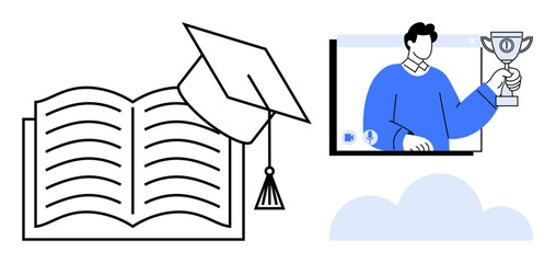 Open book with graduation cap, person holding trophy on virtual call, and cloud. Ideal for education, e-learning, academic success, virtual events, online courses, awards remote achievements