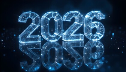 Crystal-clear 2026 digits with reflections. Minimal dark scene with subtle glowing