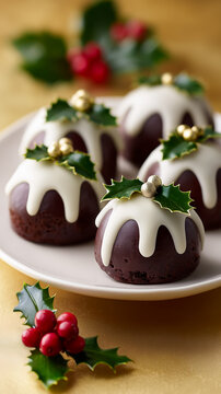 Chocolate Mini Christmas Puddings with White Icing and Holly Decoration