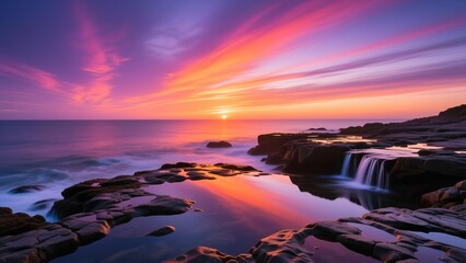 Vibrant sunset over a rocky coastline with gentle waves creating a serene atmosphere