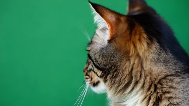 Close up view of a tabby cat with yellow eyes against a solid green color background looking to the left green screen cat video