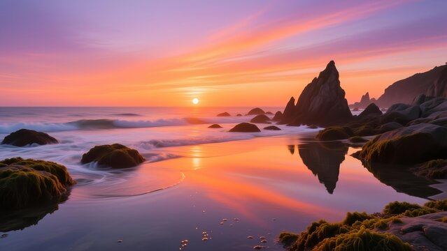 Vibrant sunset over a tranquil rocky beach with dramatic sea stacks and colorful reflections - Powered by Adobe