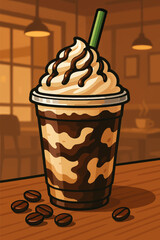 Delicious blended iced coffee drink with whipped cream and chocolate drizzle on a wooden table top