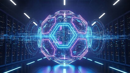 Futuristic Neon Sphere in Data Center - A Cyberpunk Vision.