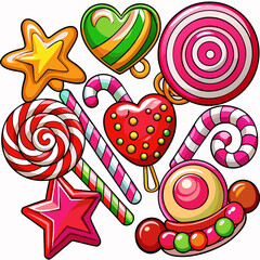 Fototapeta premium Candy canes red clipart set. Candy cane, lollipop and peppermint candy clip art collection with shape and pattern like spiral, stripes, swirl, pine tree, heart and star for Christmas holiday sweet