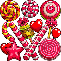 Candy canes red clipart set. Candy cane, lollipop and peppermint candy clip art collection with shape and pattern like spiral, stripes, swirl, pine tree, heart and star for Christmas holiday sweet