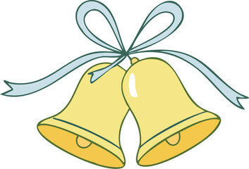 A cheerful pair of golden wedding bells, tied with a delicate blue ribbon, symbolizing joy, celebration, and togetherness for special occasions and happy events