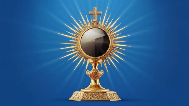 Exquisite Golden Monstrance A Stunning 4K Rendering of Religious Art with Intricate Details and a Radiating Halo, Set Against a Vibrant Blue Backdrop