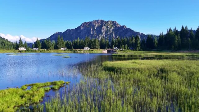 Drone Austria 4k. Nassfeld Pass on border of Austria and Italy. between the Austrian Gail Valley and the Italian Canal Valley.  popular summer travel tourism destination for hiking and road trip in Eu