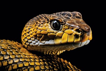 Fototapeta premium Macro golden yellow snake with black background