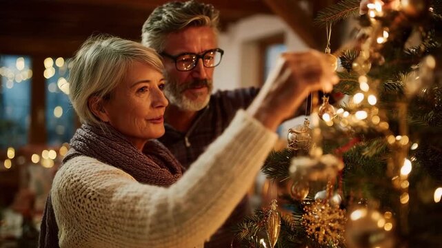 Generative AI. Senior couple joyfully decorating a Christmas tree with ornaments and lights, creating a warm festive atmosphere in a cozy living room filled with holiday spirit