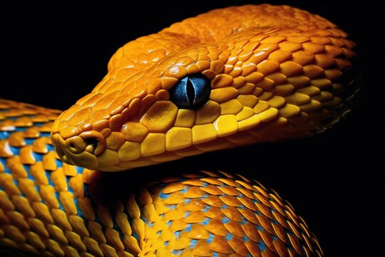 Macro golden yellow snake  with black background