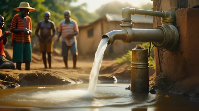 4k resolution image capturing a community gathering around a water tap with fresh water flowing, symbolizing hope and resourcefulness in an African village setting