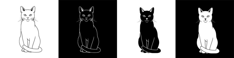 A versatile set of four black and white cat icons in a minimalist style, showcasing positive and negative space for modern logos and web design