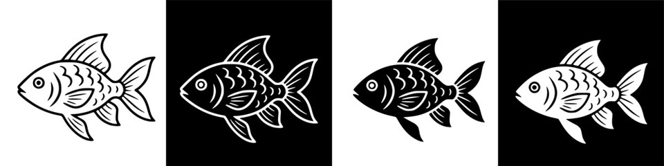 A set of four goldfish illustrations in a simple line art style, showcasing black and white variations and negative space icons