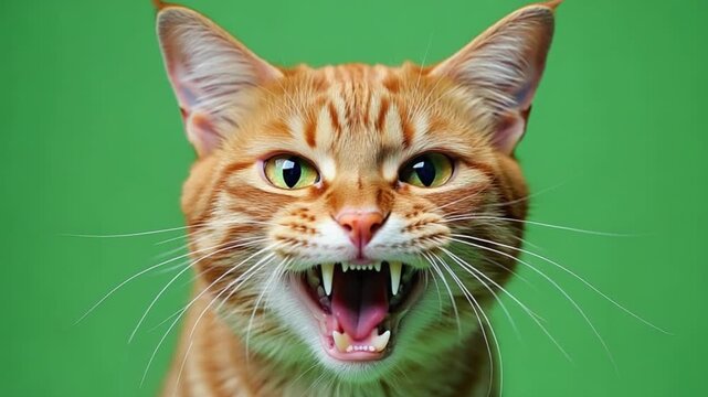 Close up of an angry orange tabby cat hissing with mouth open on a green background studio shot green screen cat video