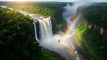 Majestic waterfall cascading through lush greenery with a vibrant rainbow.