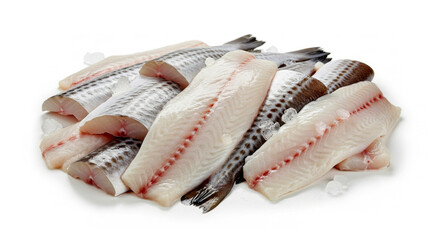 Pieces of fresh raw cod fish fillets with glossy skins isolated in a collection, representing healthy seafood and culinary ingredients