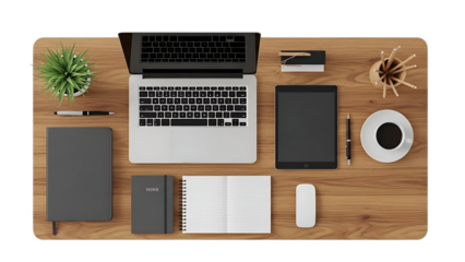 Overhead view of a wooden desk, with a laptop tablet notebook pens coffee and plant, cutout, PNG isolated on white or transparent background
