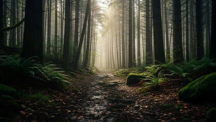 Fototapeta premium Mystical Forest Path - Sunlight Filtering Through Towering Trees.