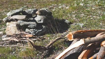 rocks stacked for campfire outdoors