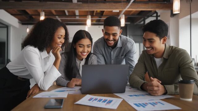 4k resolution shot of diverse business professionals collaborating enthusiastically over a laptop and documents in a modern office setting, symbolizing teamwork and success