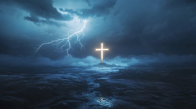 A cross is lit up in the sky above a stormy ocean